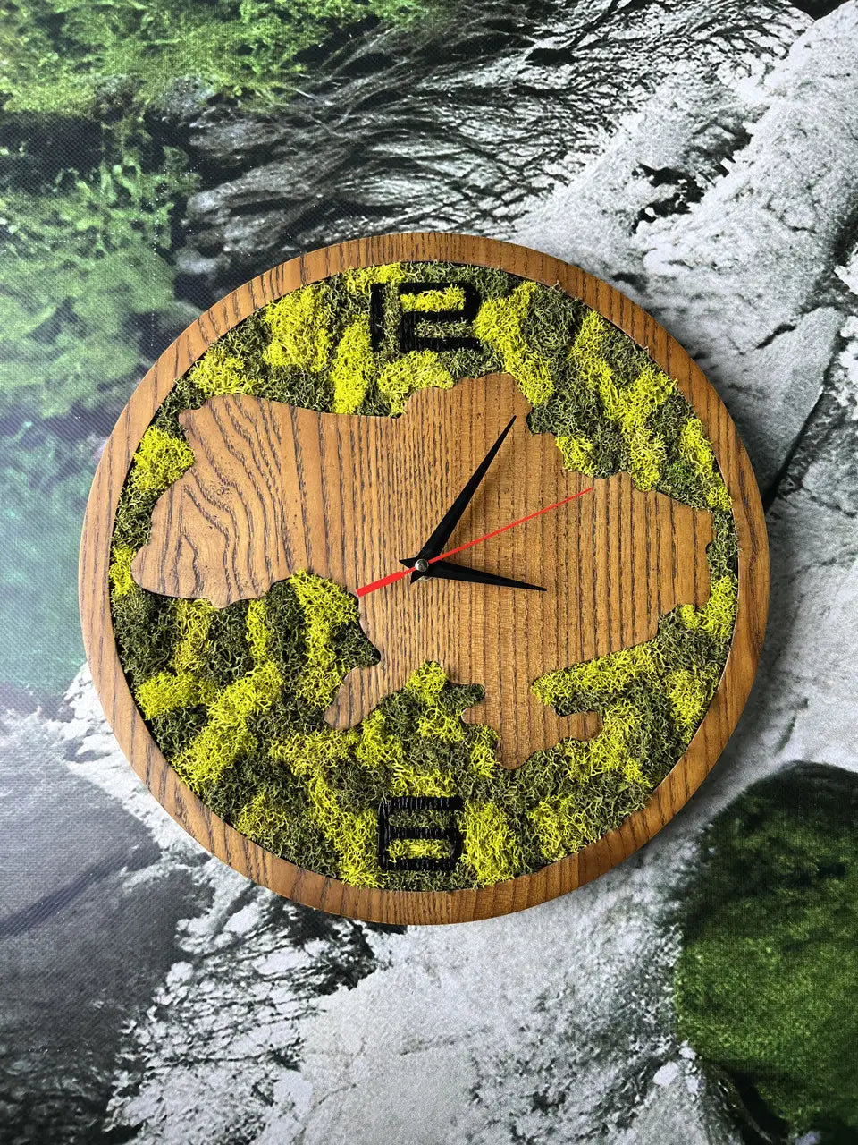 Wooden Wall Clock with organic ash wood and forest moss