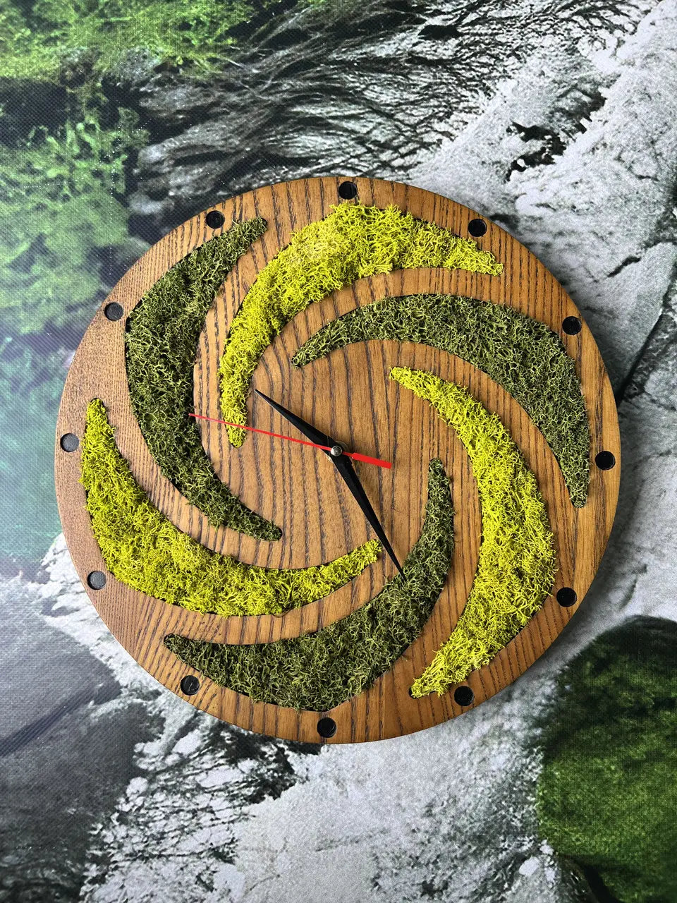Wooden Wall Clock with spiral ash wood and green moss
