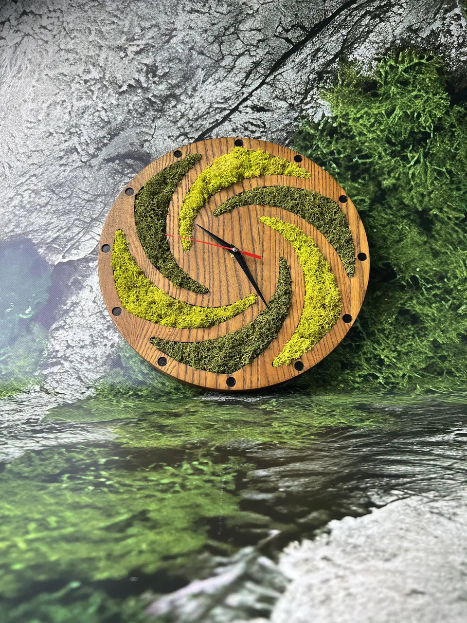 Handmade Wooden Wall Clock featuring a swirling moss design