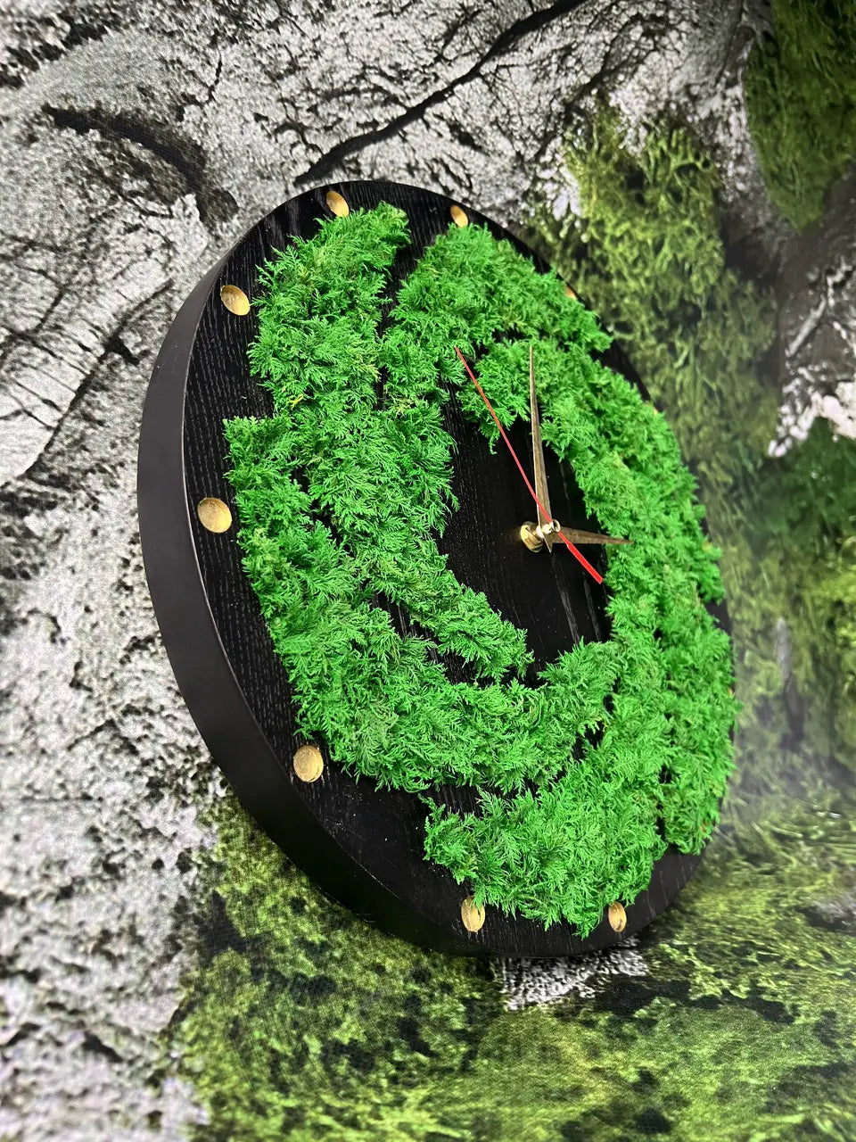 Handmade moss wall clock with curved dark wood design