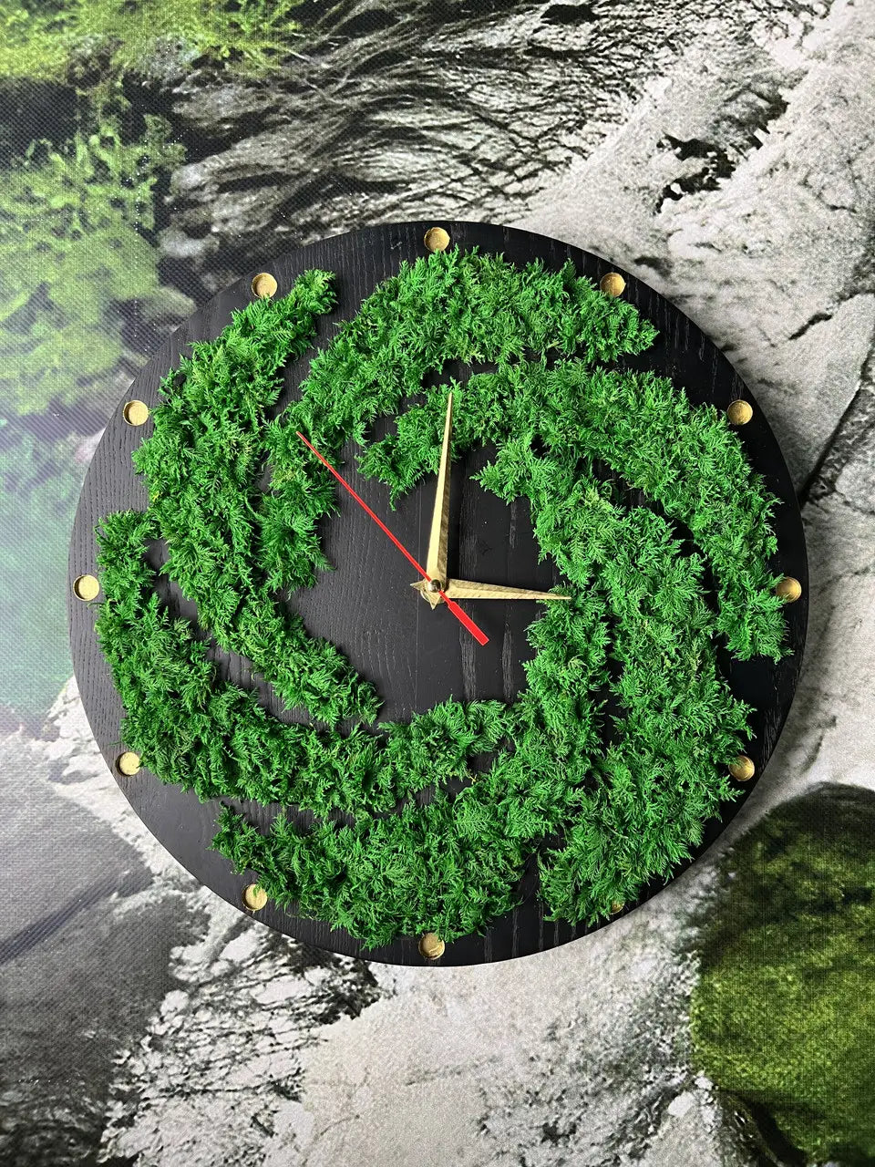 Wood Frame Wall Clocks with dense green forest moss