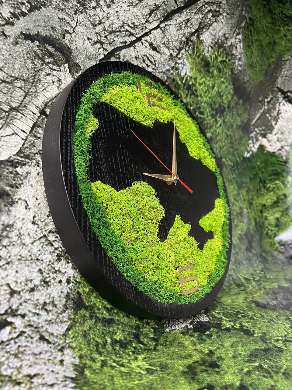 Natural wood wall clock with bright green moss design