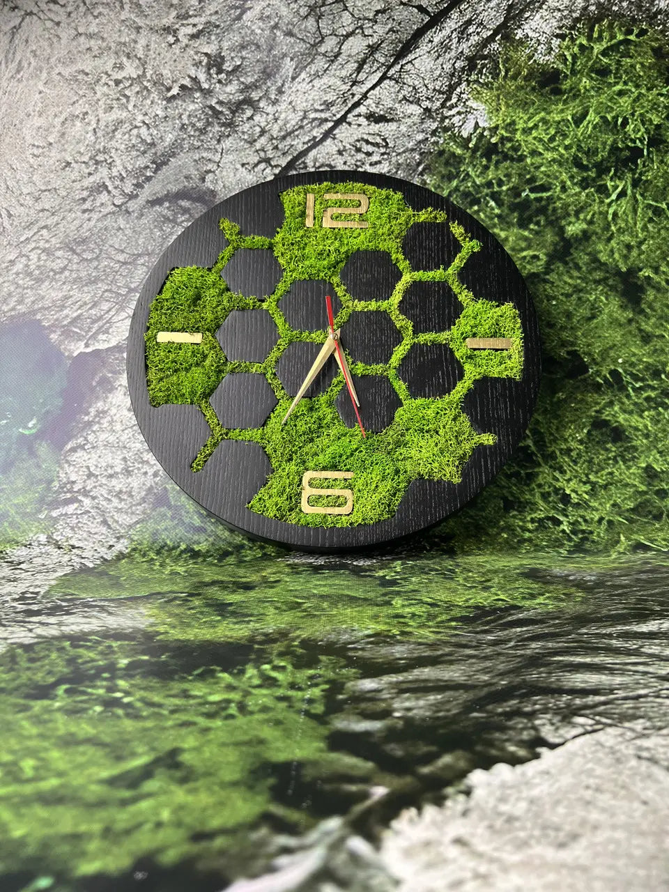 Wooden Wall Clock featuring hexagonal moss design