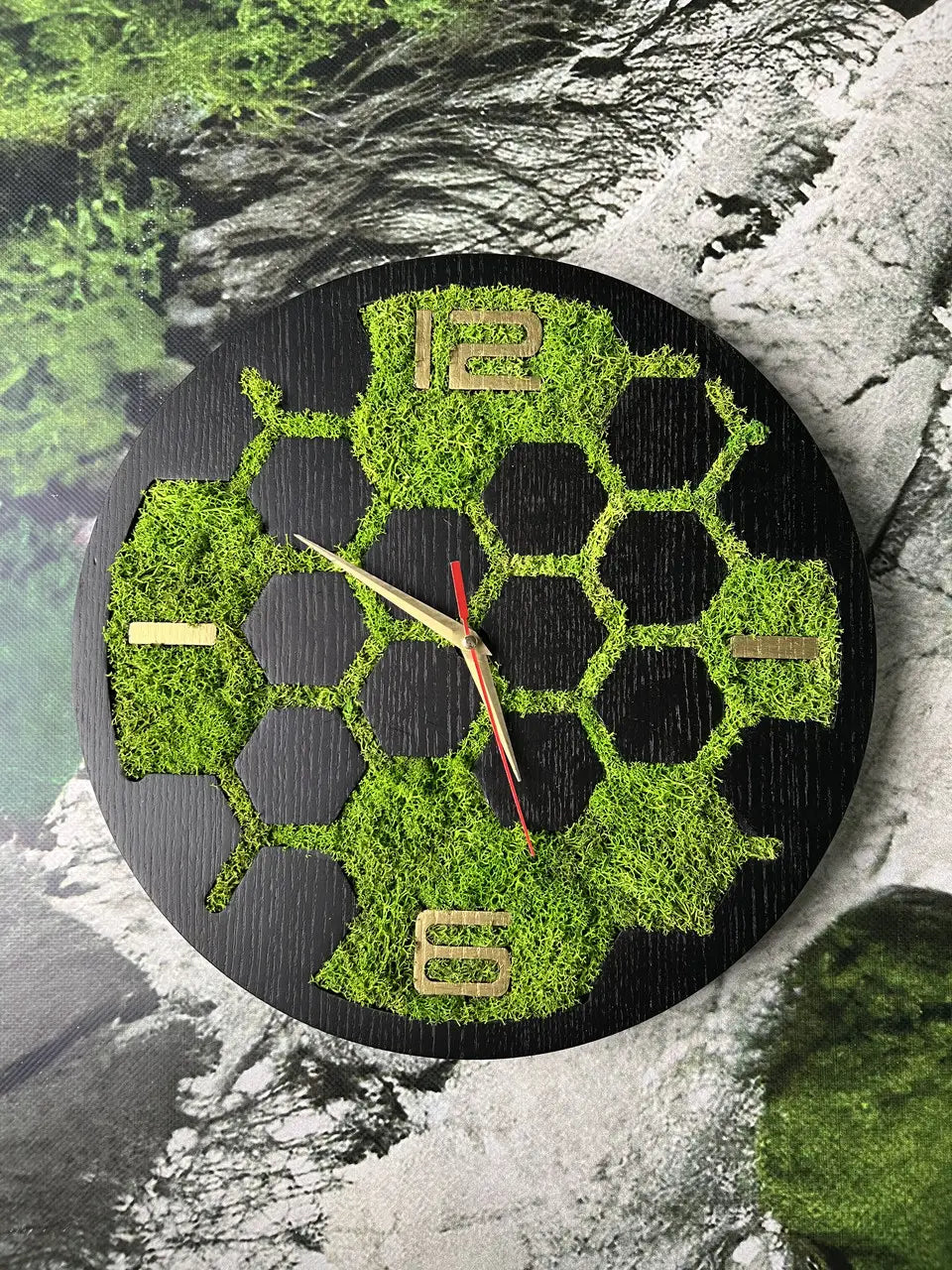 Wooden Wall Clock with geometric honeycomb and green moss
