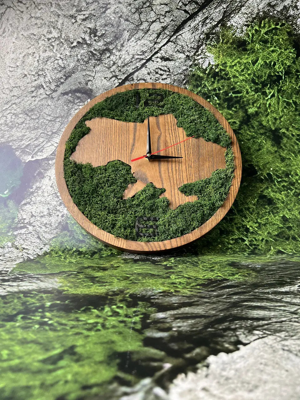Handmade wooden wall clock with stabilized moss decor