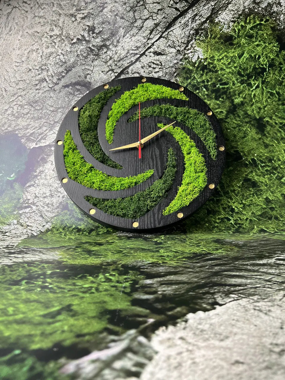 Dark ash wood wall clock with stabilized green moss
