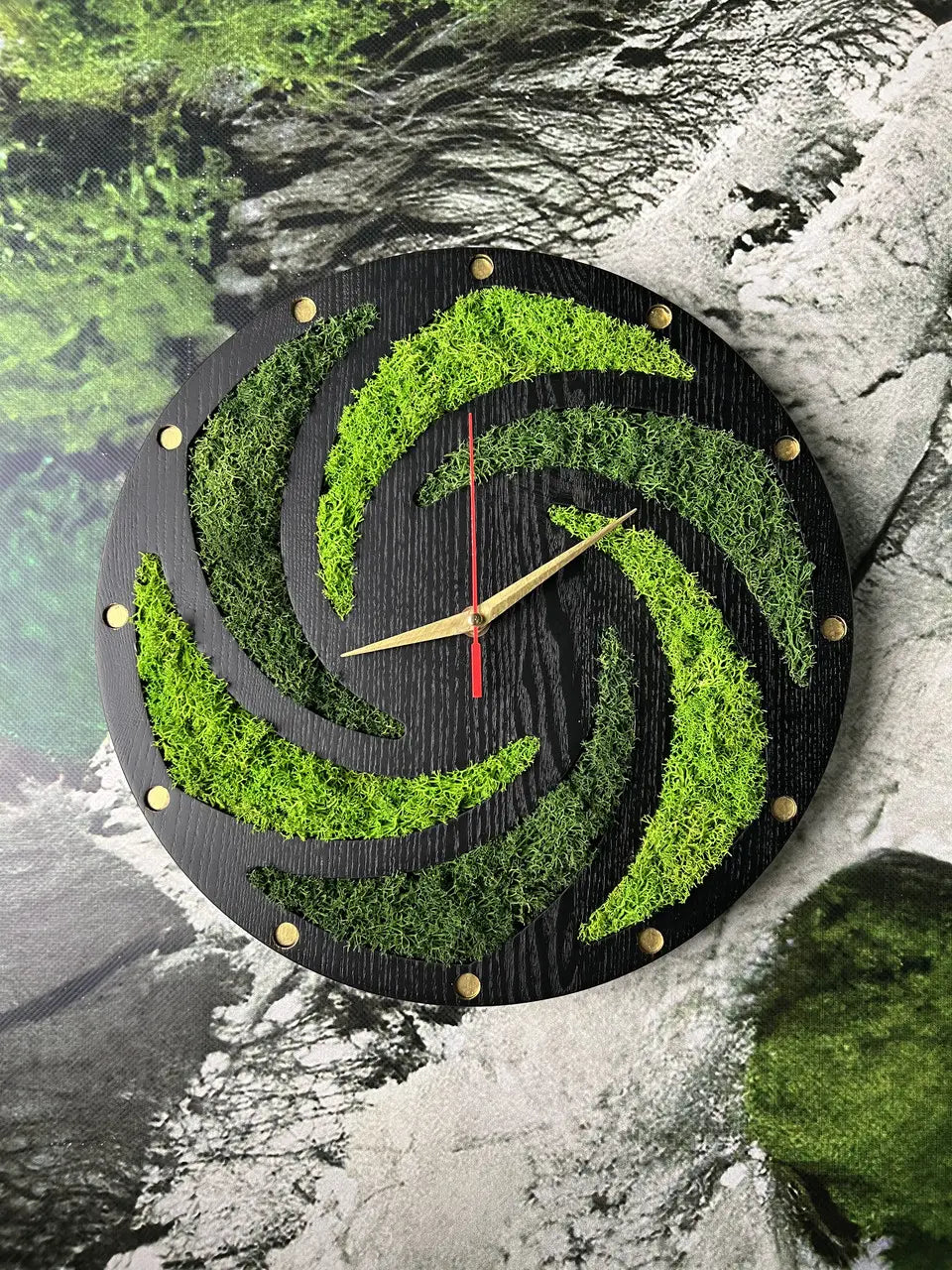 Wood Frame Wall Clocks with green moss spiral design
