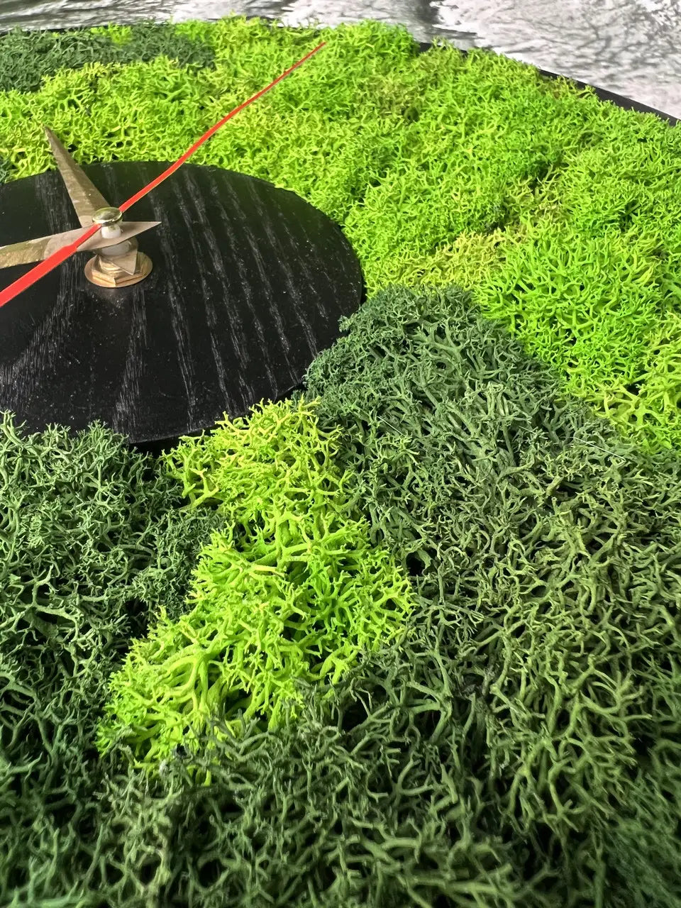 Round wooden clock covered with preserved green moss