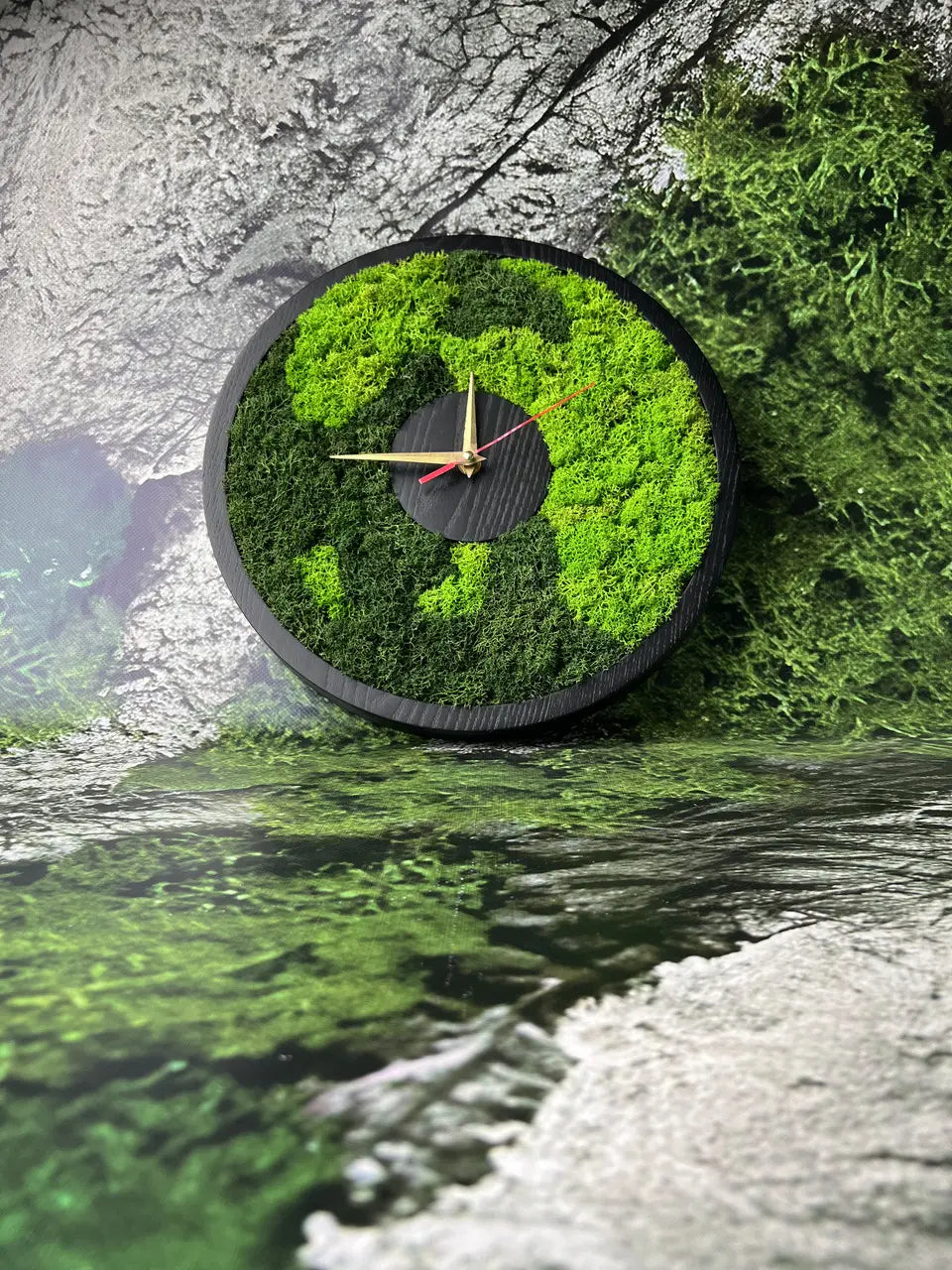 Handmade ash wood wall clock with natural green moss