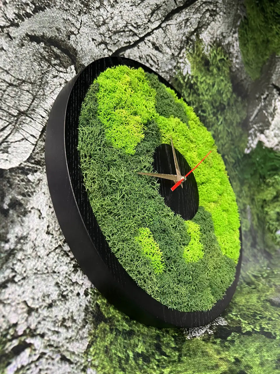 Green moss wall clock with dark wooden center