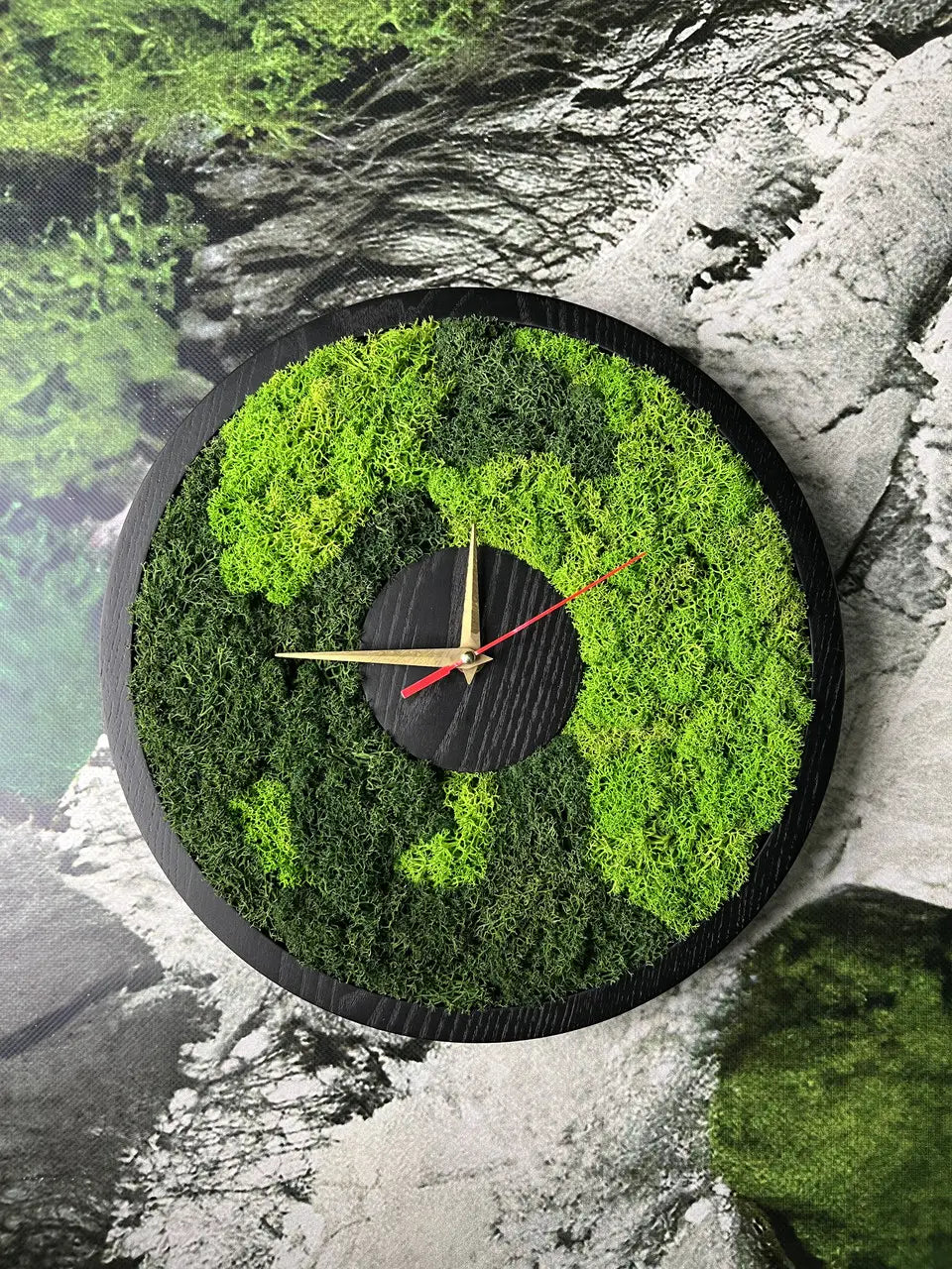 Wood Wall Clocks with lush green stabilized moss