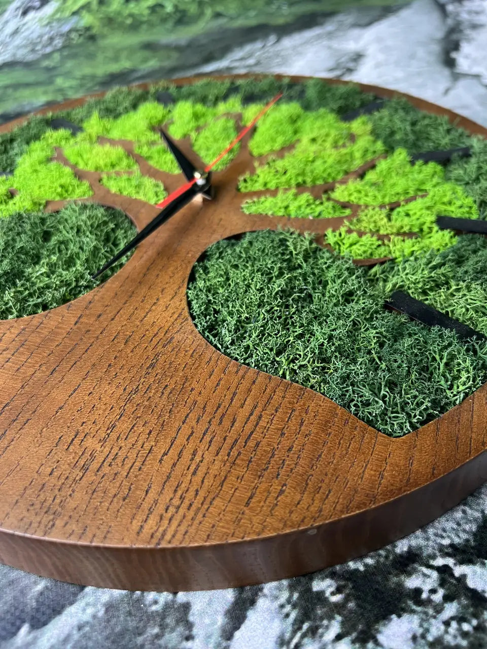 Natural ash wood wall clock with moss tree decoration
