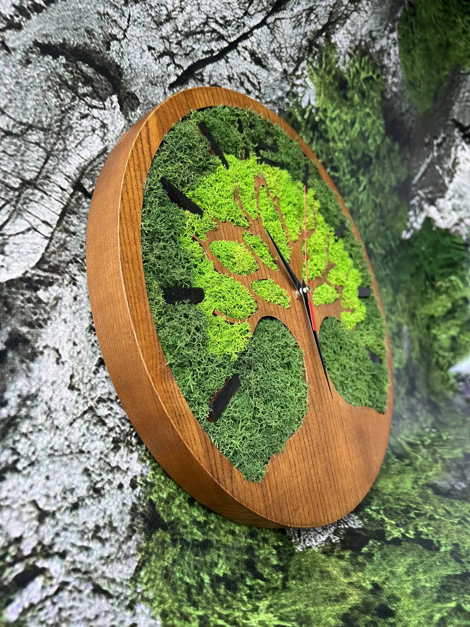 Wooden clock with stabilized moss and tree design