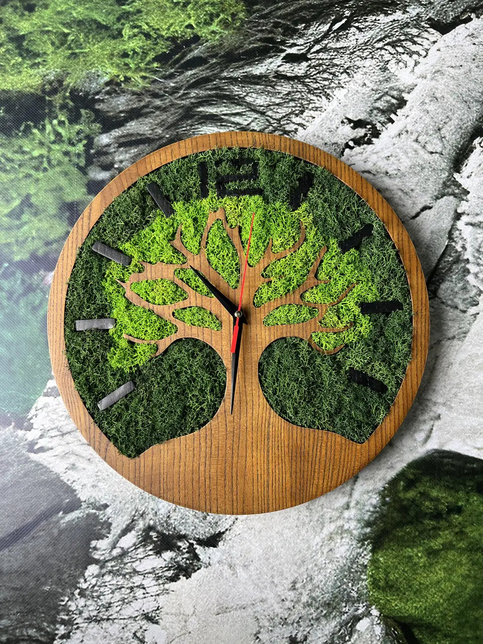 Wooden Wall Clock with Tree of Life and green moss