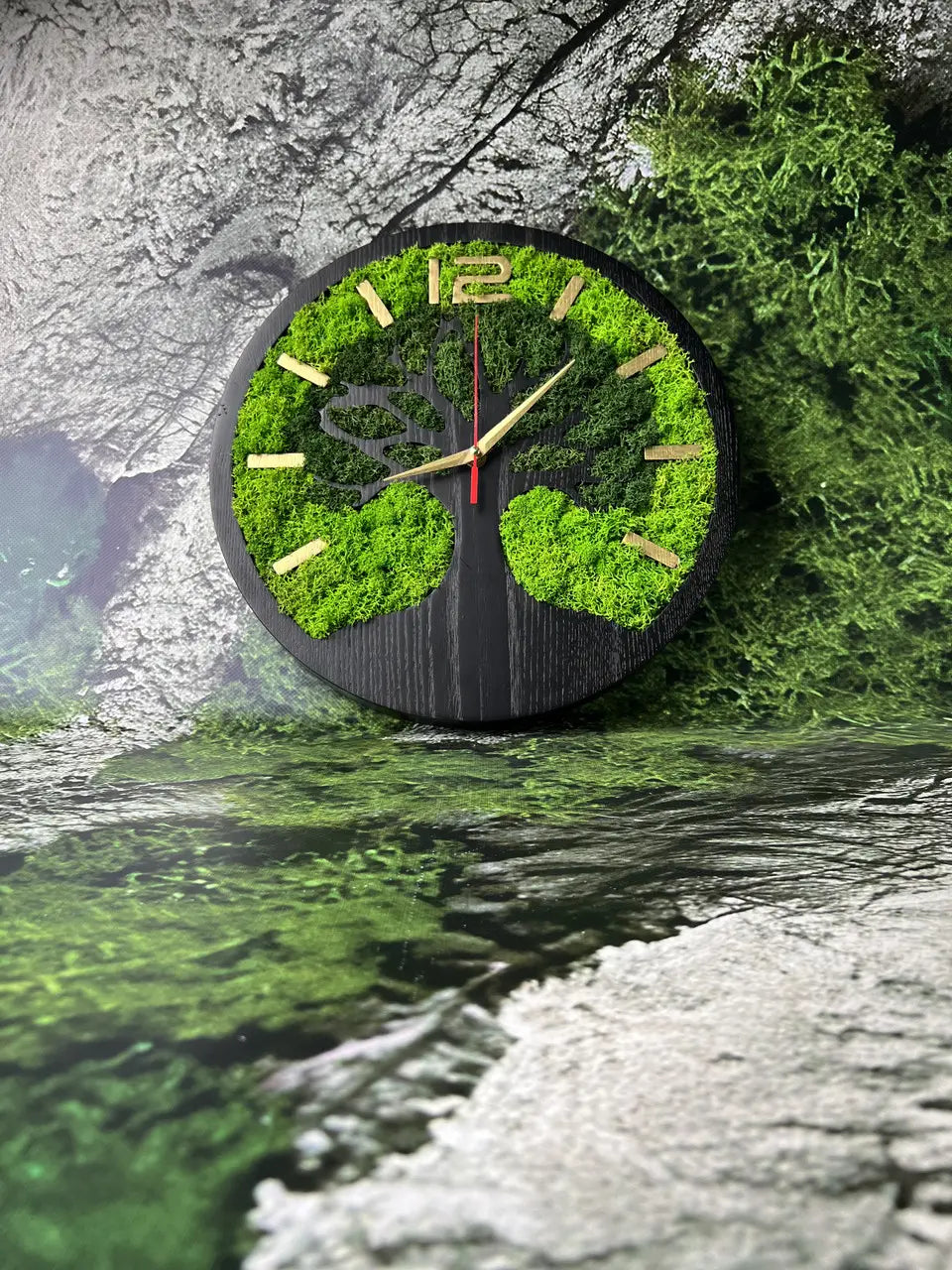 Handmade wooden wall clock with branching moss design