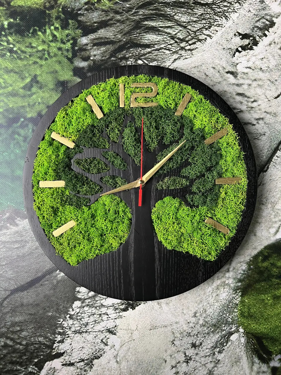 Wooden Wall Clock with green moss and natural ash wood