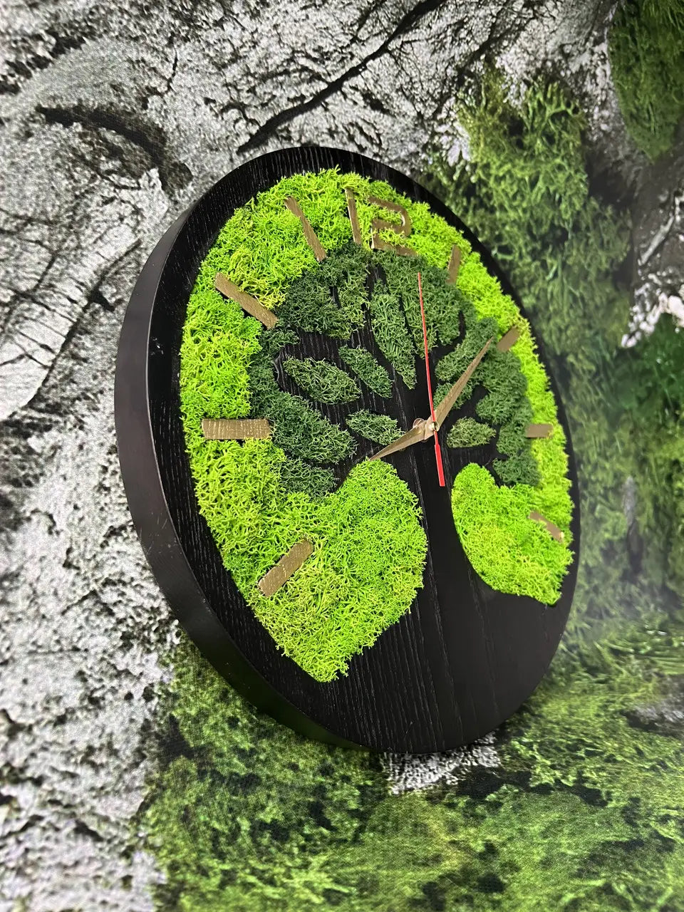 Natural ash wood clock decorated with stabilized green moss