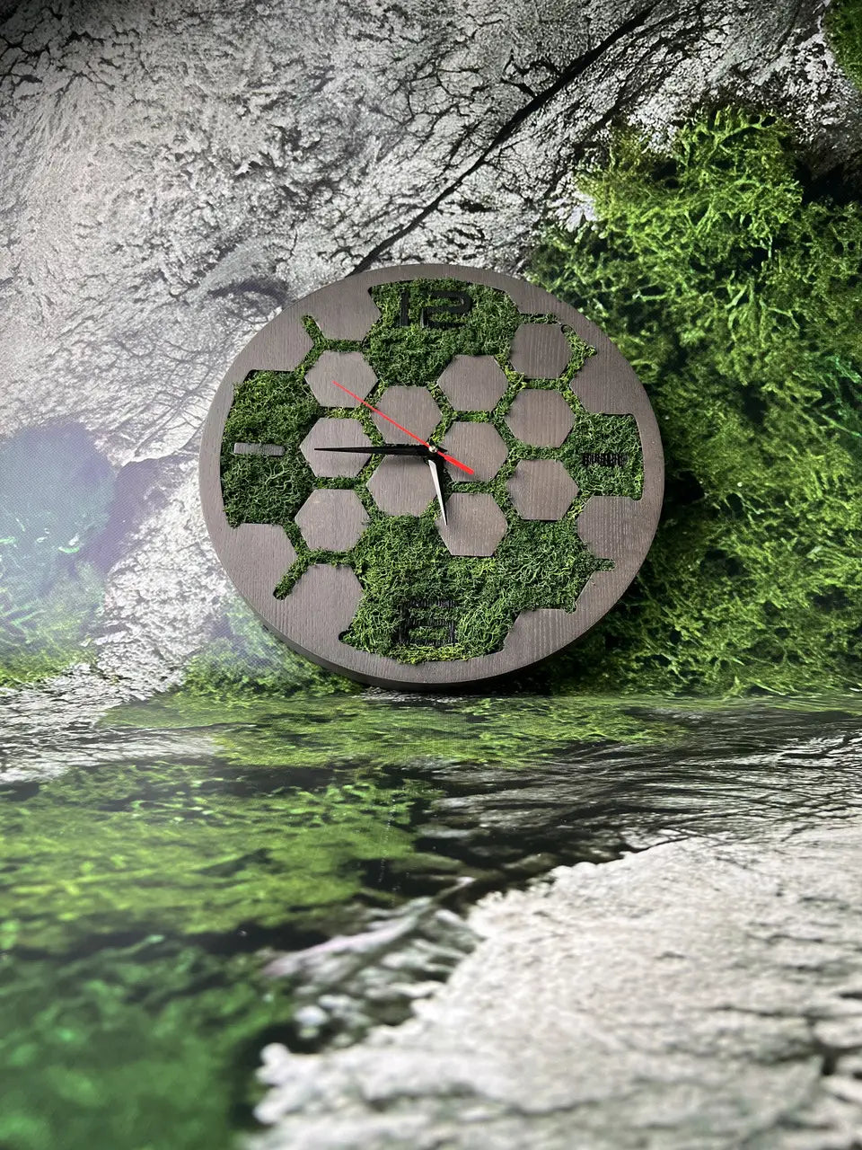 Handmade wood frame wall clock with stabilized moss