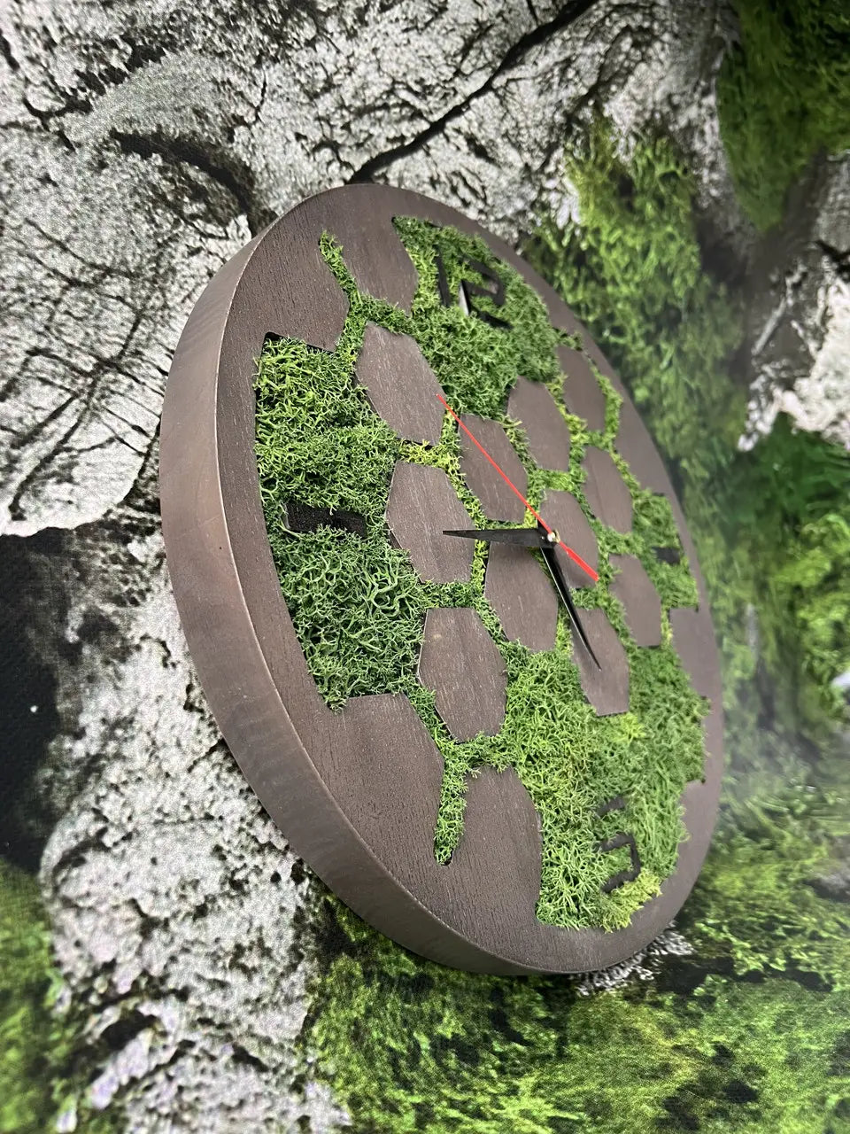 Geometric ash wood wall clock decorated with natural moss