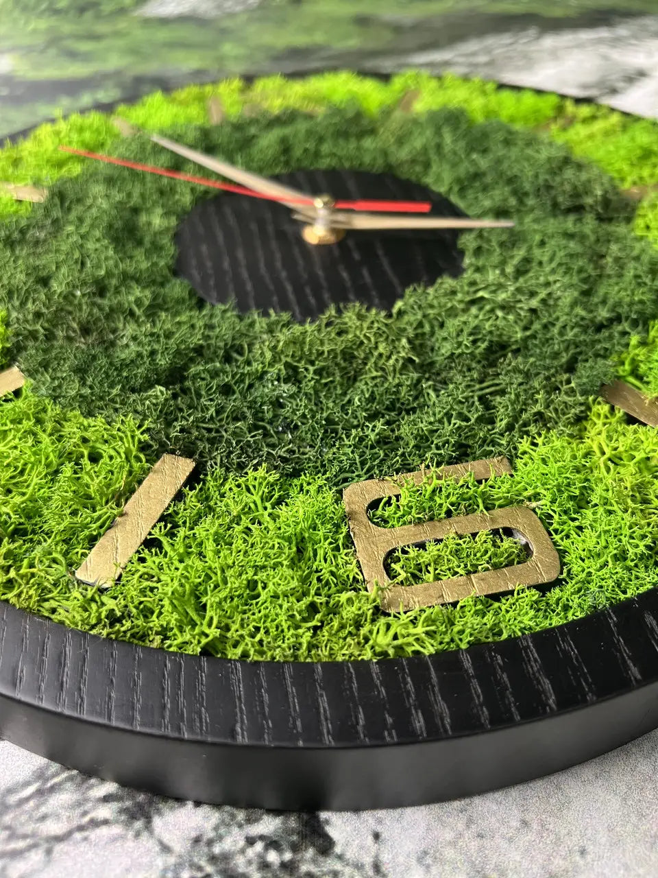 Wood Wall Clocks with wooden hour markers and moss