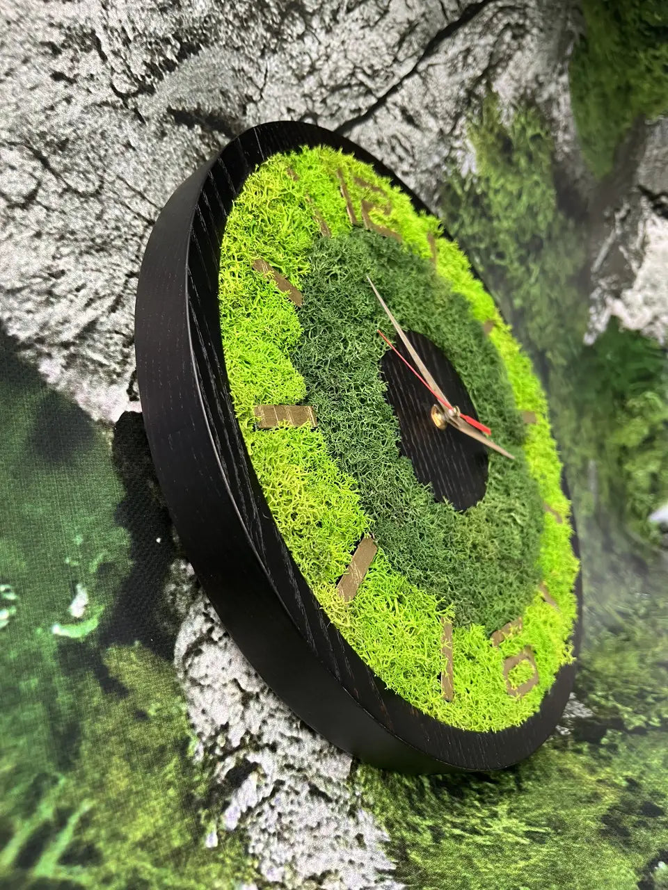 Natural ash wood wall clock with green moss decoration