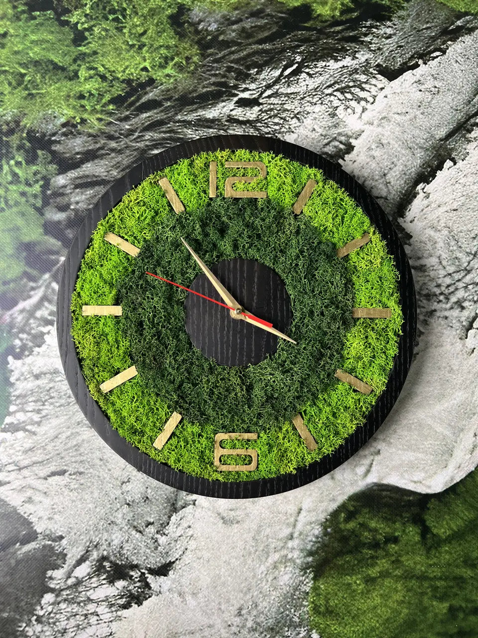 Wood Wall Clocks with green moss ring and dark wood center