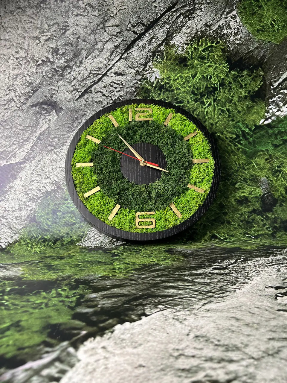 Handmade wood wall clock with stabilized green moss