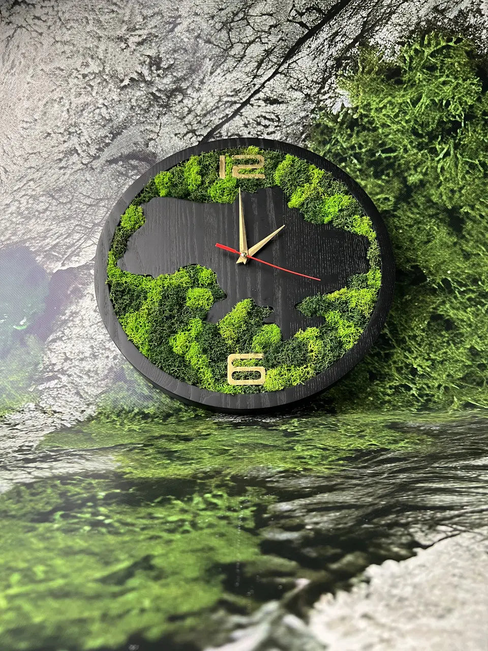 Handmade wooden wall clock decorated with stabilized moss