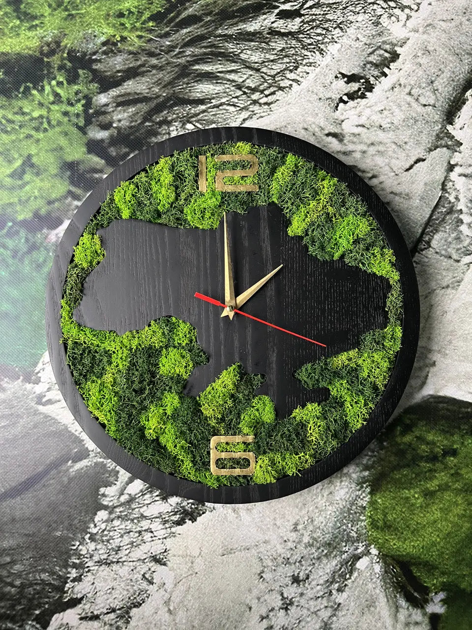 Wooden Wall Clock with natural green moss and dark ash wood