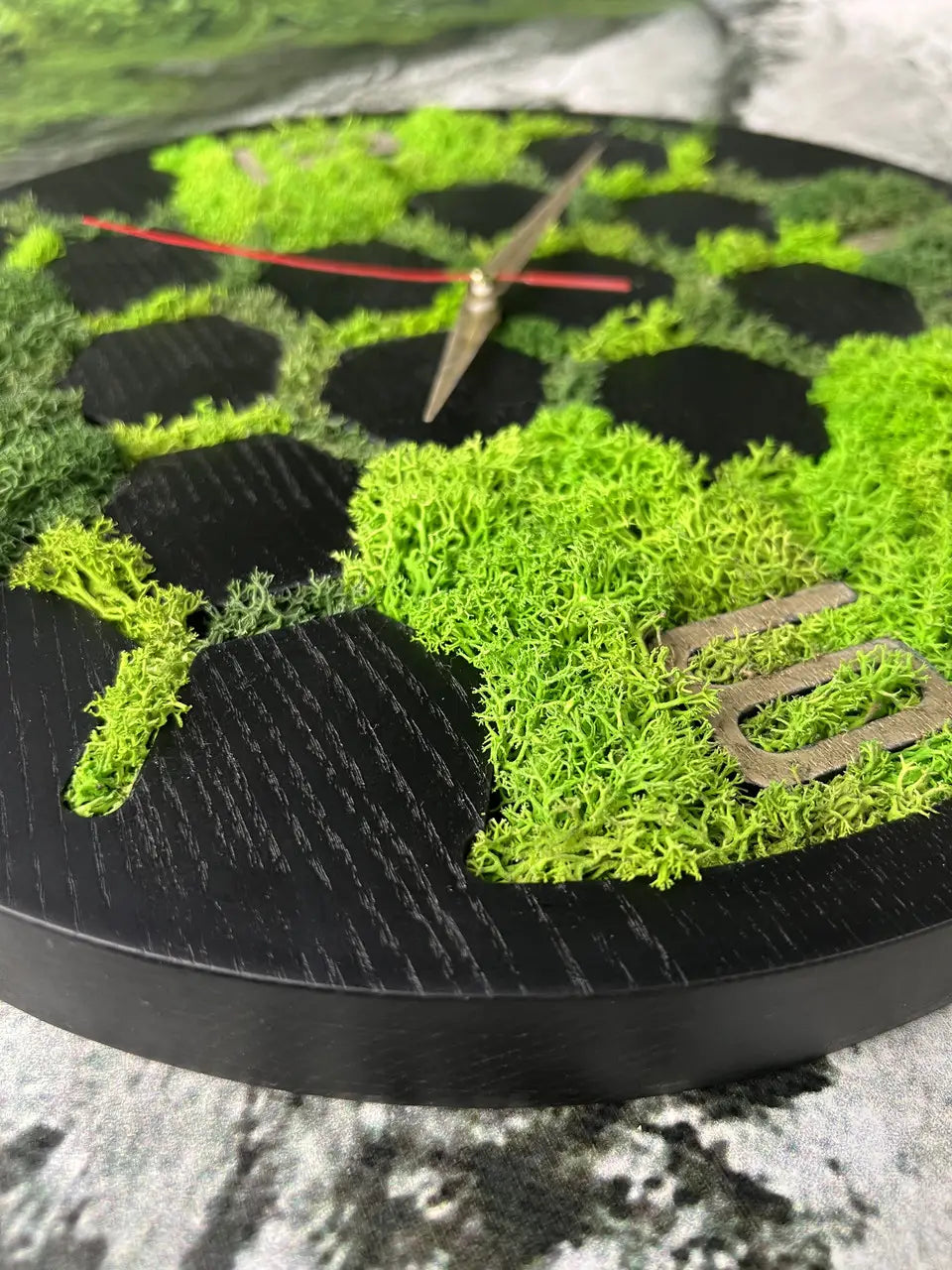 Wooden Wall Clock with dark wood and vibrant green moss