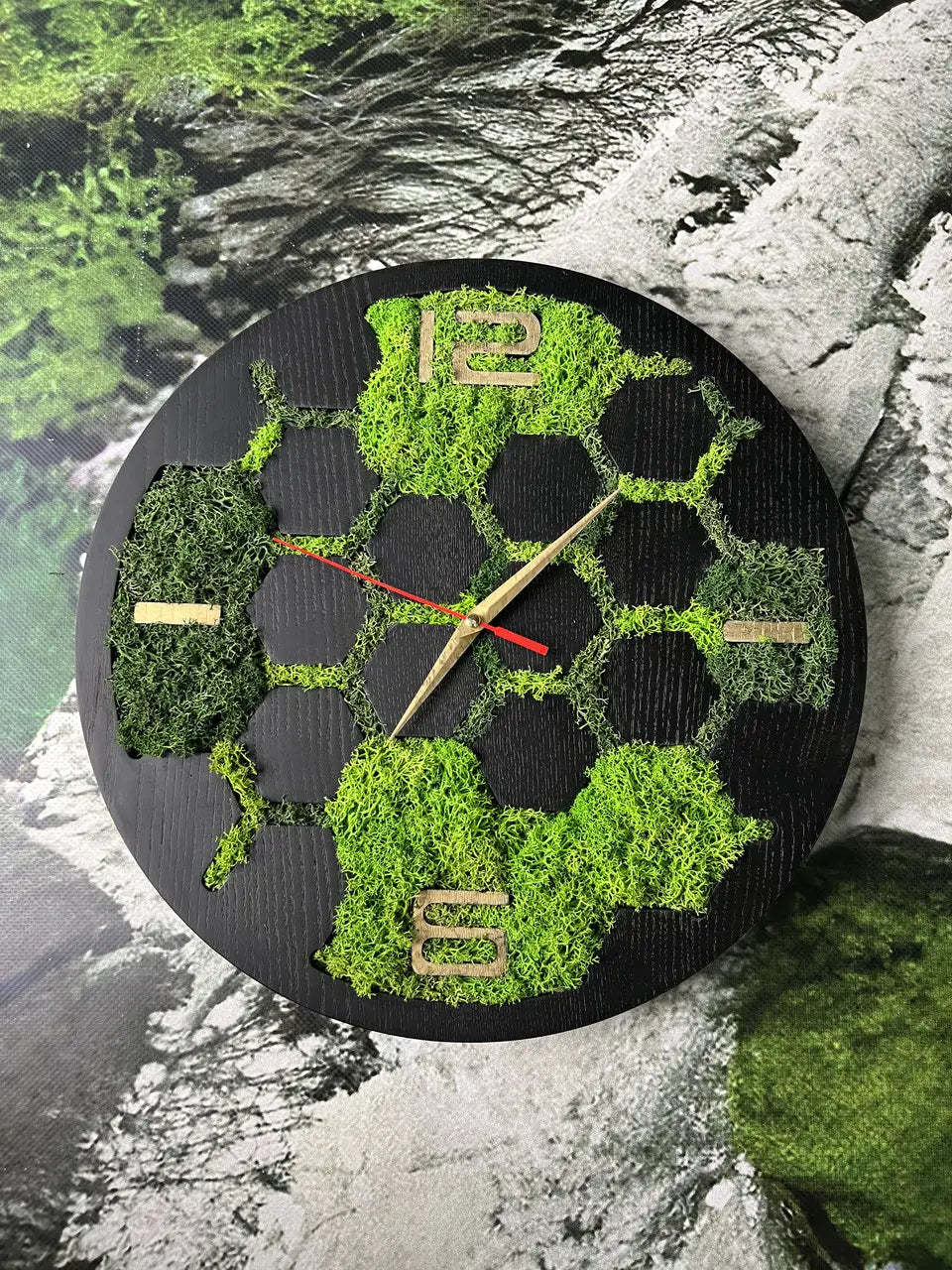 Wooden Wall Clock with green moss mosaic design