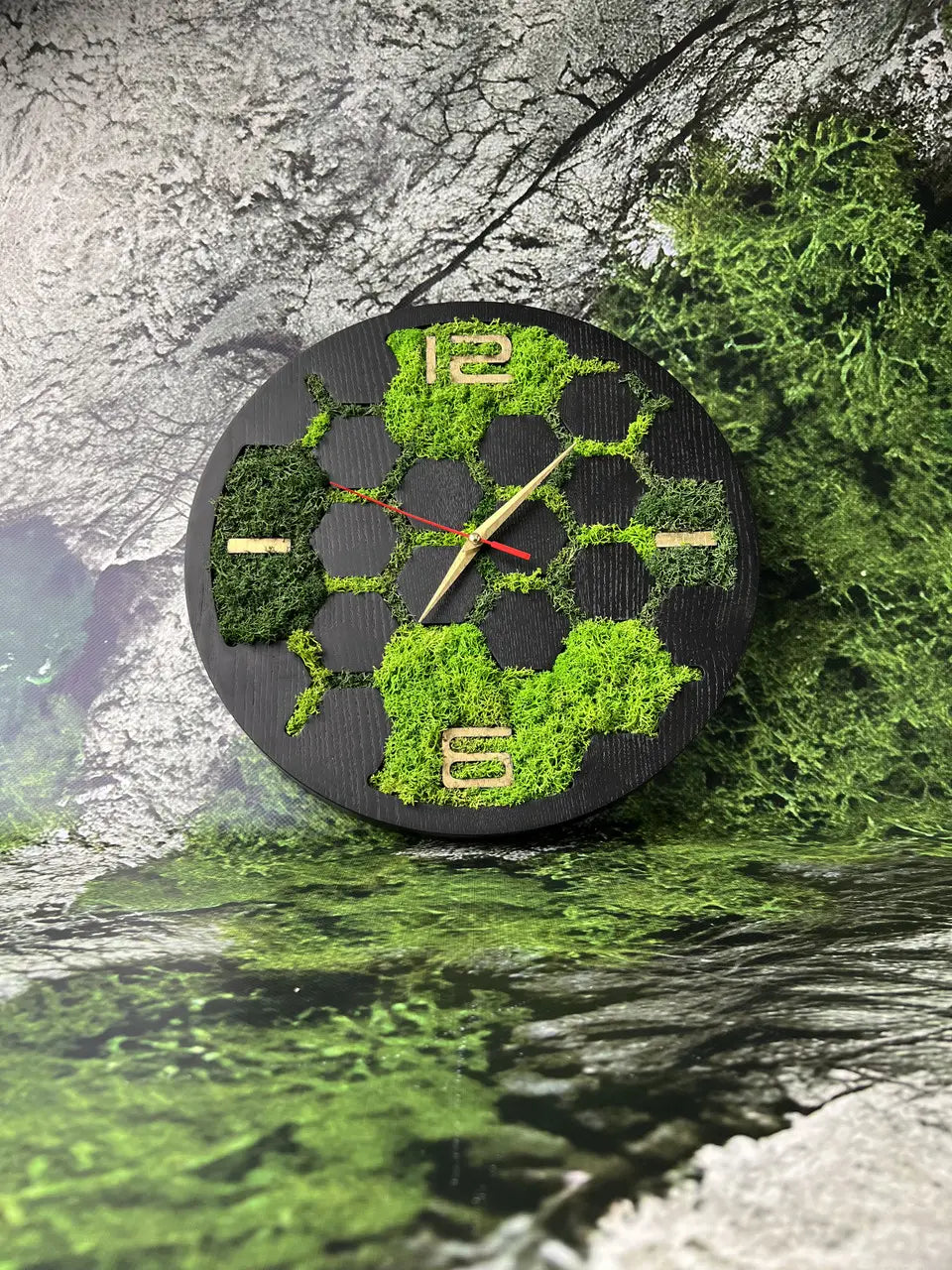 Handmade wooden wall clock with stabilized moss