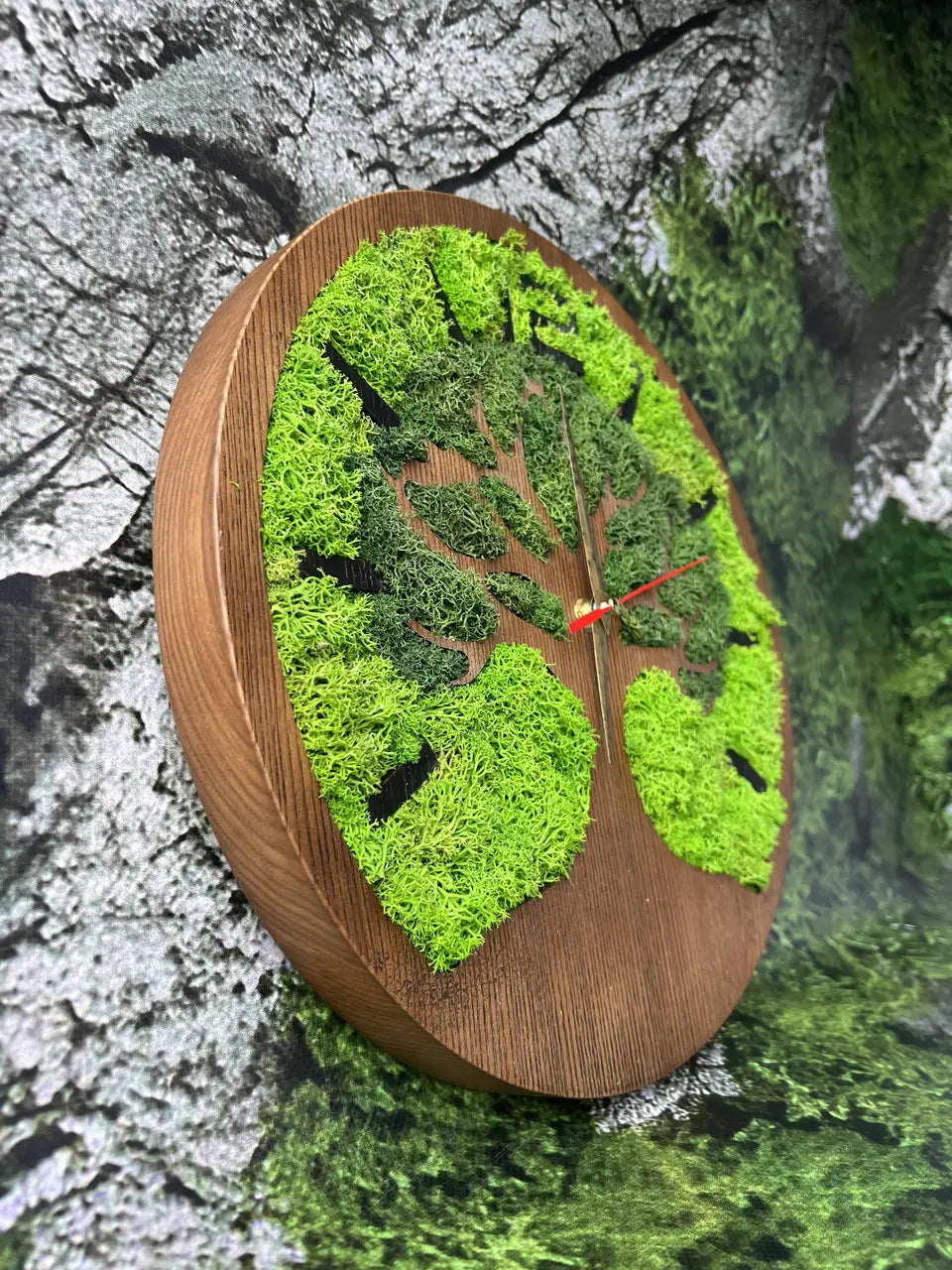 Wood frame wall clock decorated with stabilized green moss