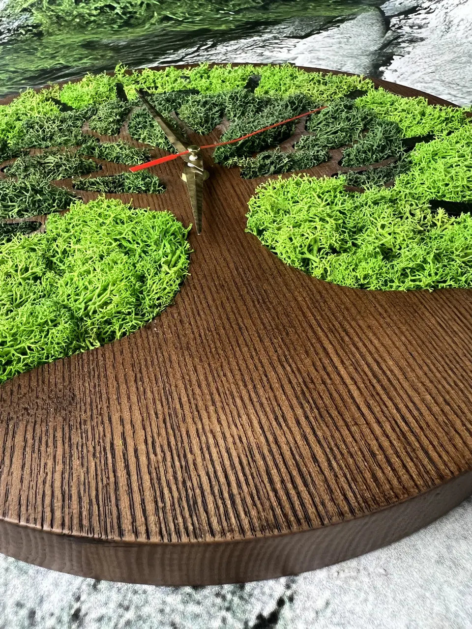 Natural wood Tree of Life clock with vibrant moss