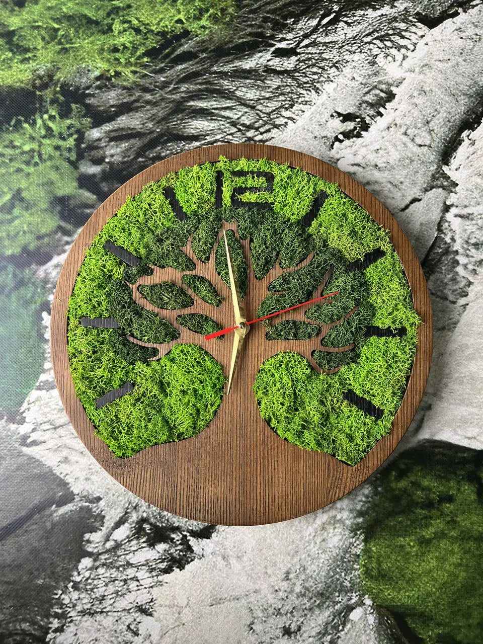 Wood Frame Wall Clocks with Tree of Life and green moss