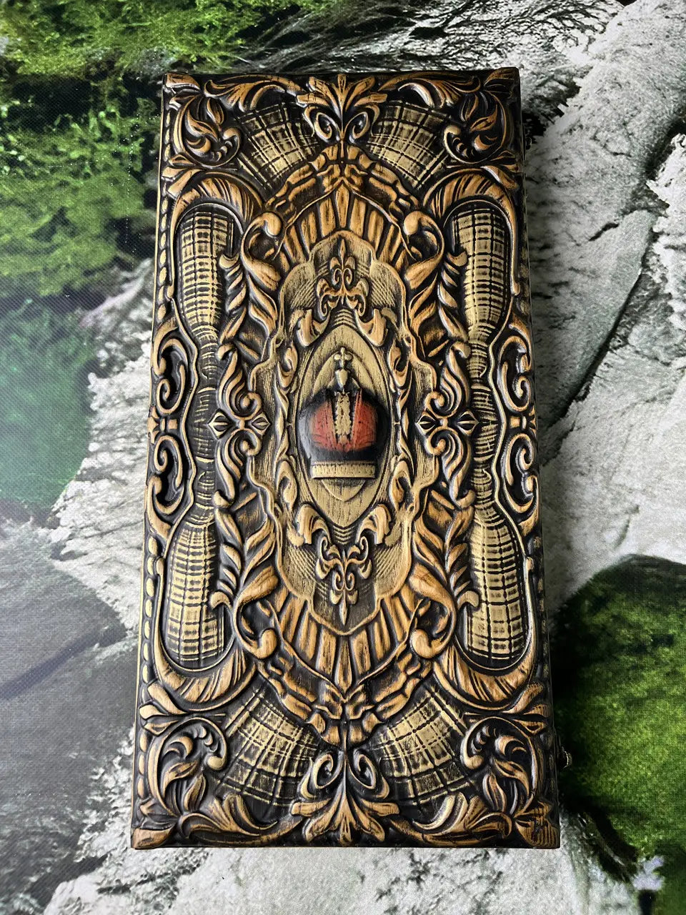 Handmade wooden backgammon set featuring royal Crown design