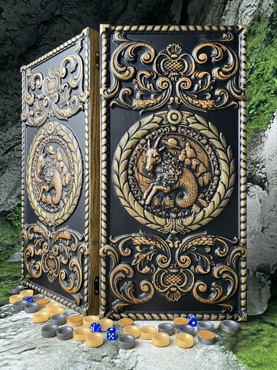 Side view of luxury ash wood Capricorn backgammon with carved zodiac artwork