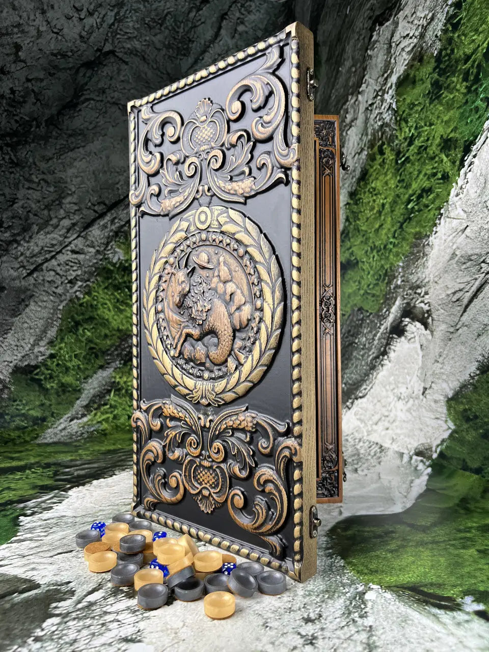 Luxury handmade Capricorn zodiac backgammon board opened for play