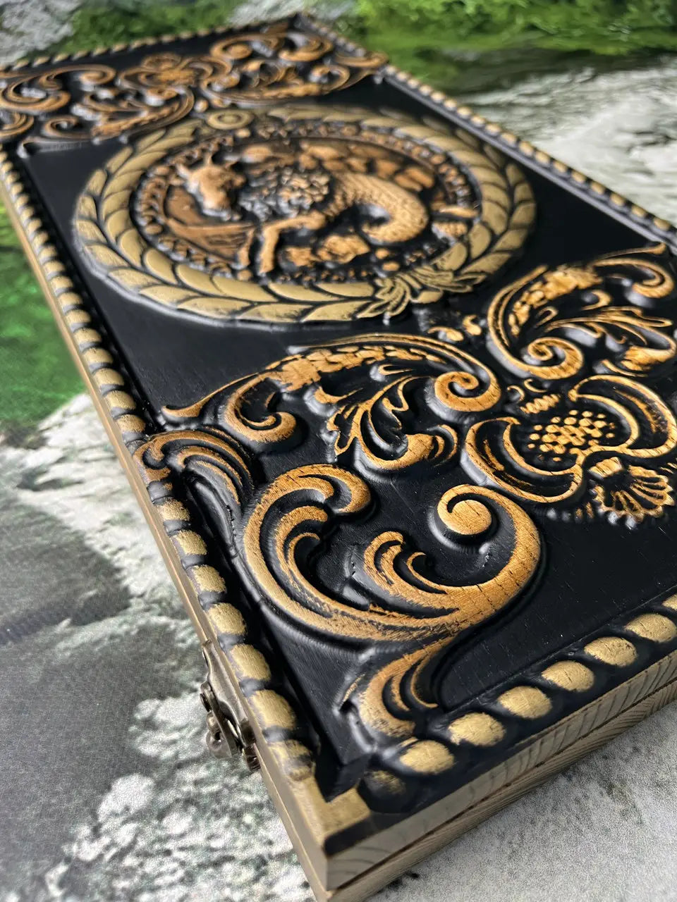 Handmade wooden Capricorn backgammon board with carved zodiac design