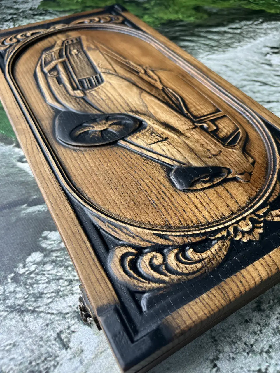 Open Chevrolet Camaro wooden backgammon set with carved playing field