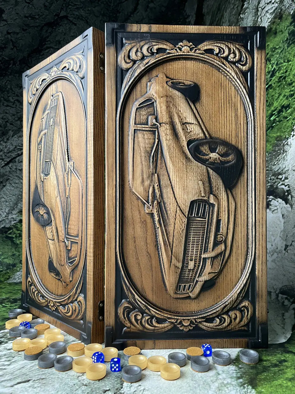 Open wooden backgammon set with ornamental carved design and game pieces