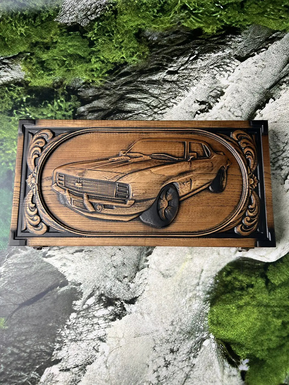 Handcrafted wooden backgammon board with decorative carved interior