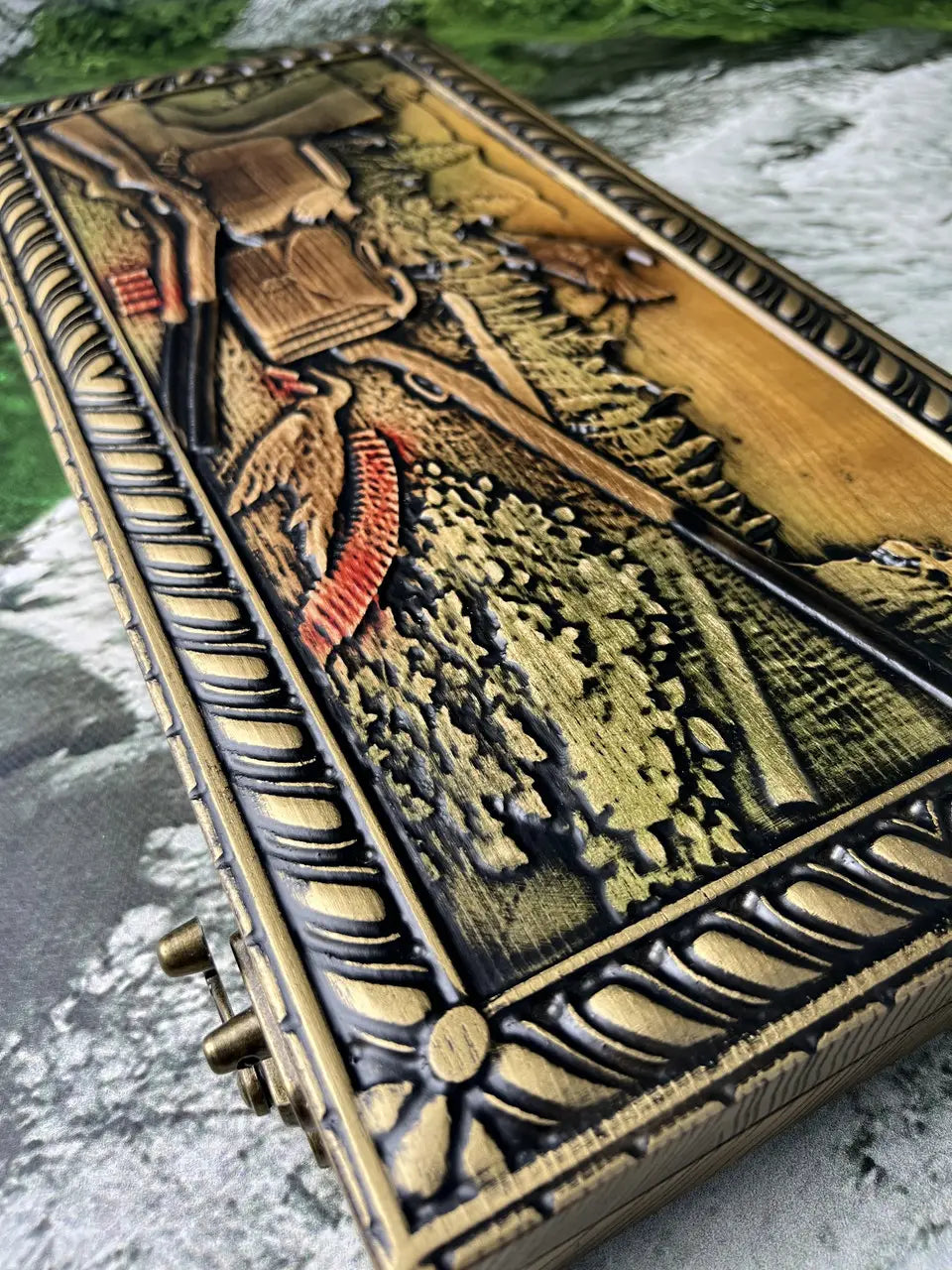 Duck hunting themed carved wooden backgammon set made from ash wood