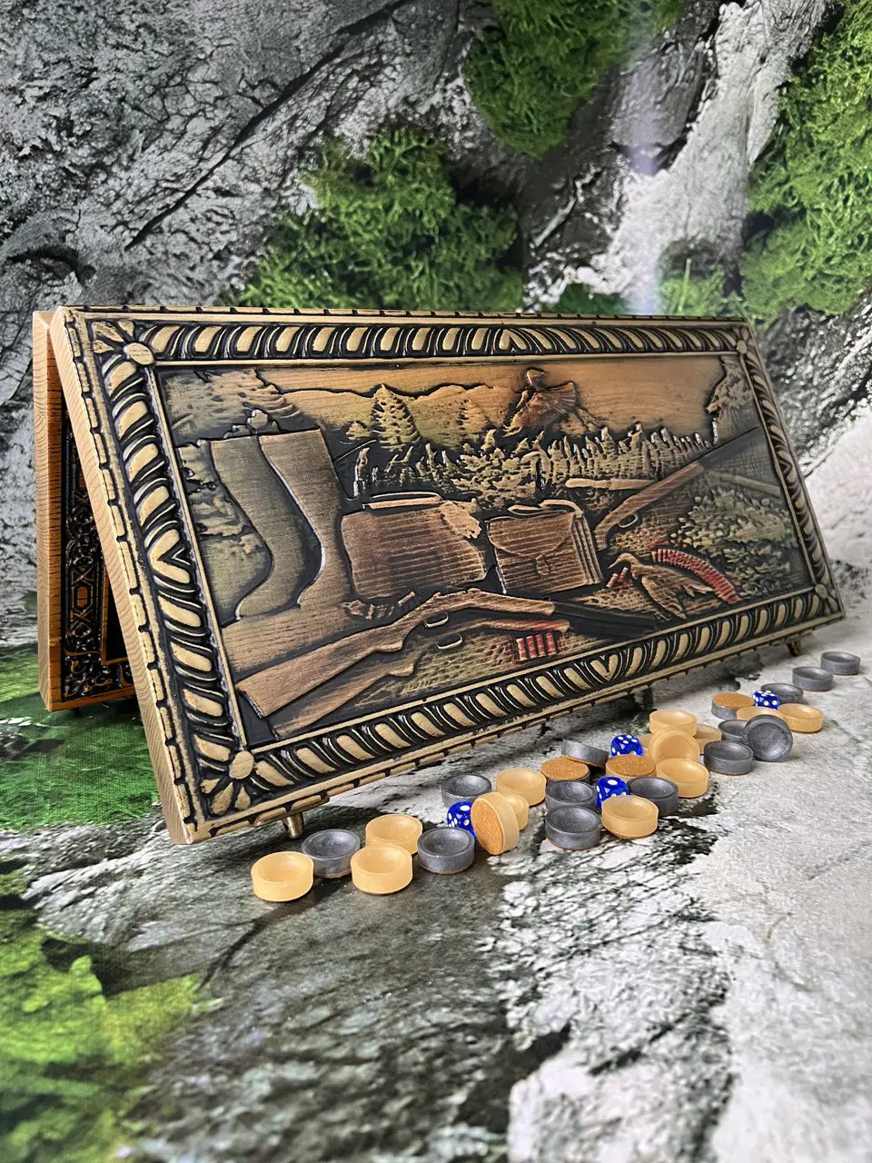 Handmade hunting ducks wooden backgammon board with resin checkers