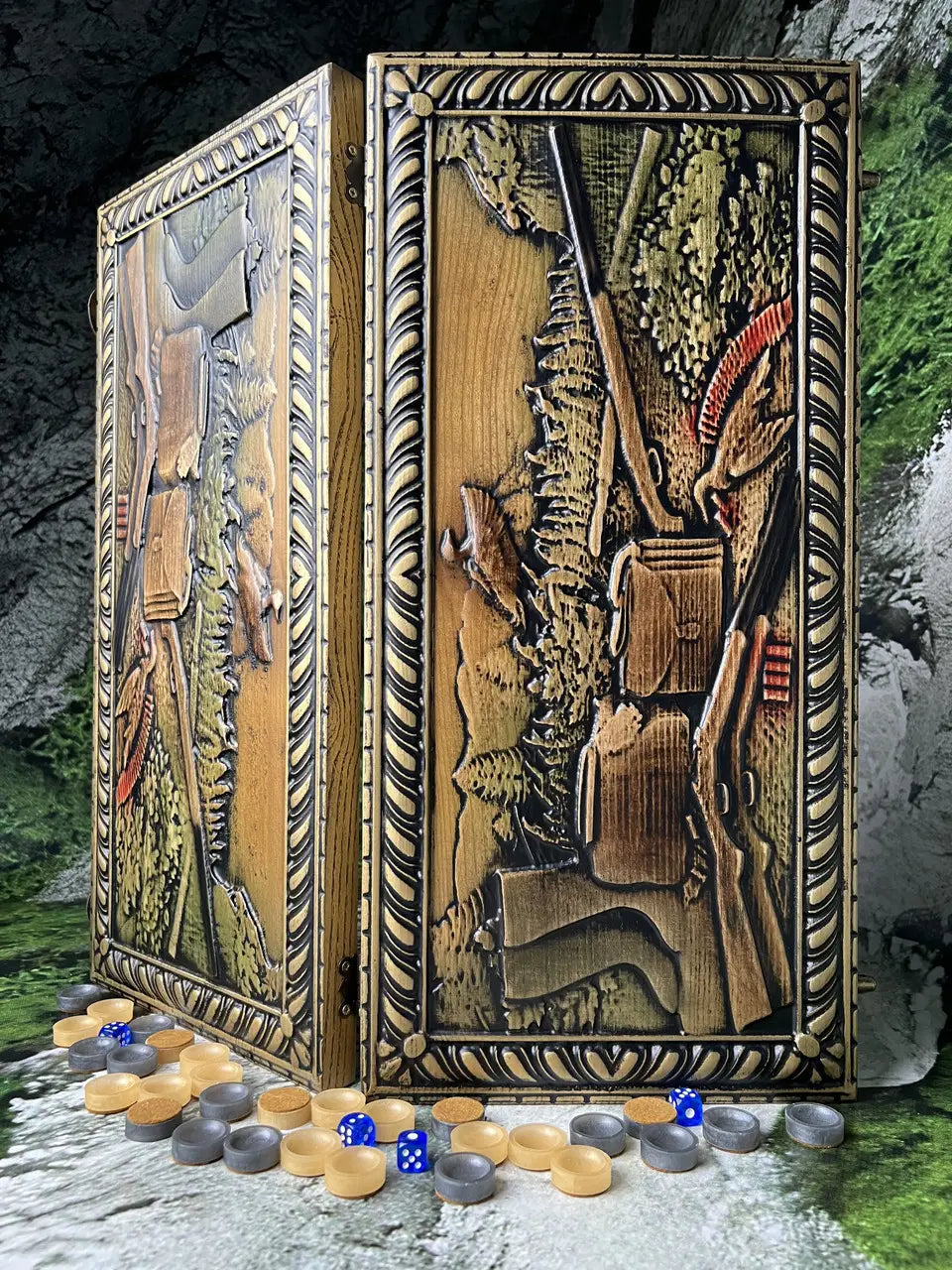 Luxury wooden backgammon featuring duck hunting engraved artwork