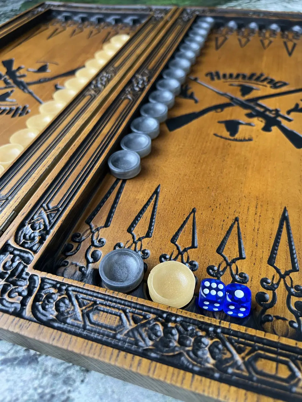 Hand-carved duck hunting design on premium wooden backgammon board