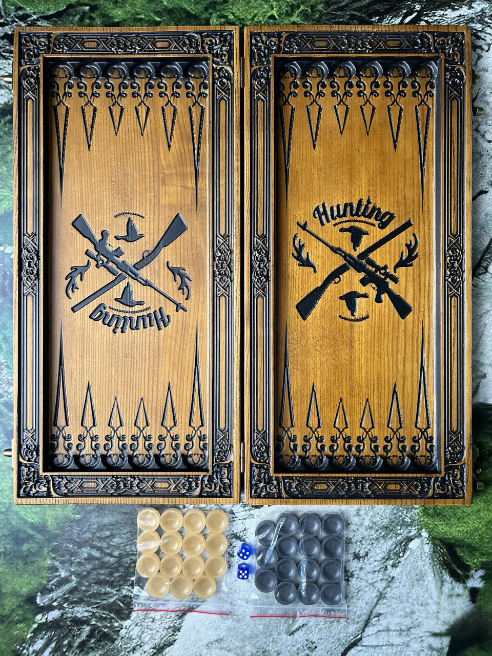 Handcrafted hunting backgammon board with carved exterior design