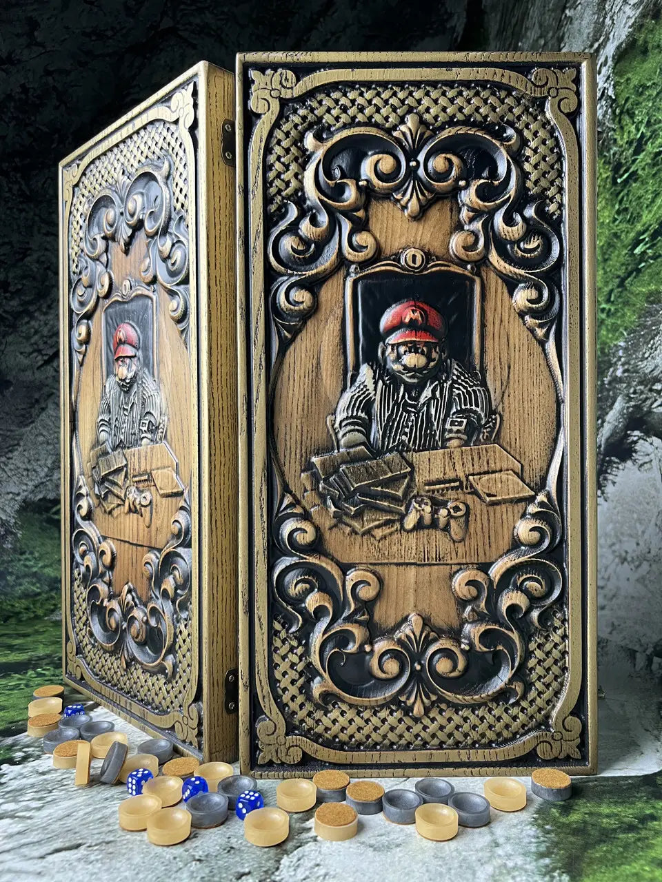 Carved ash wood Mario backgammon board with resin checkers