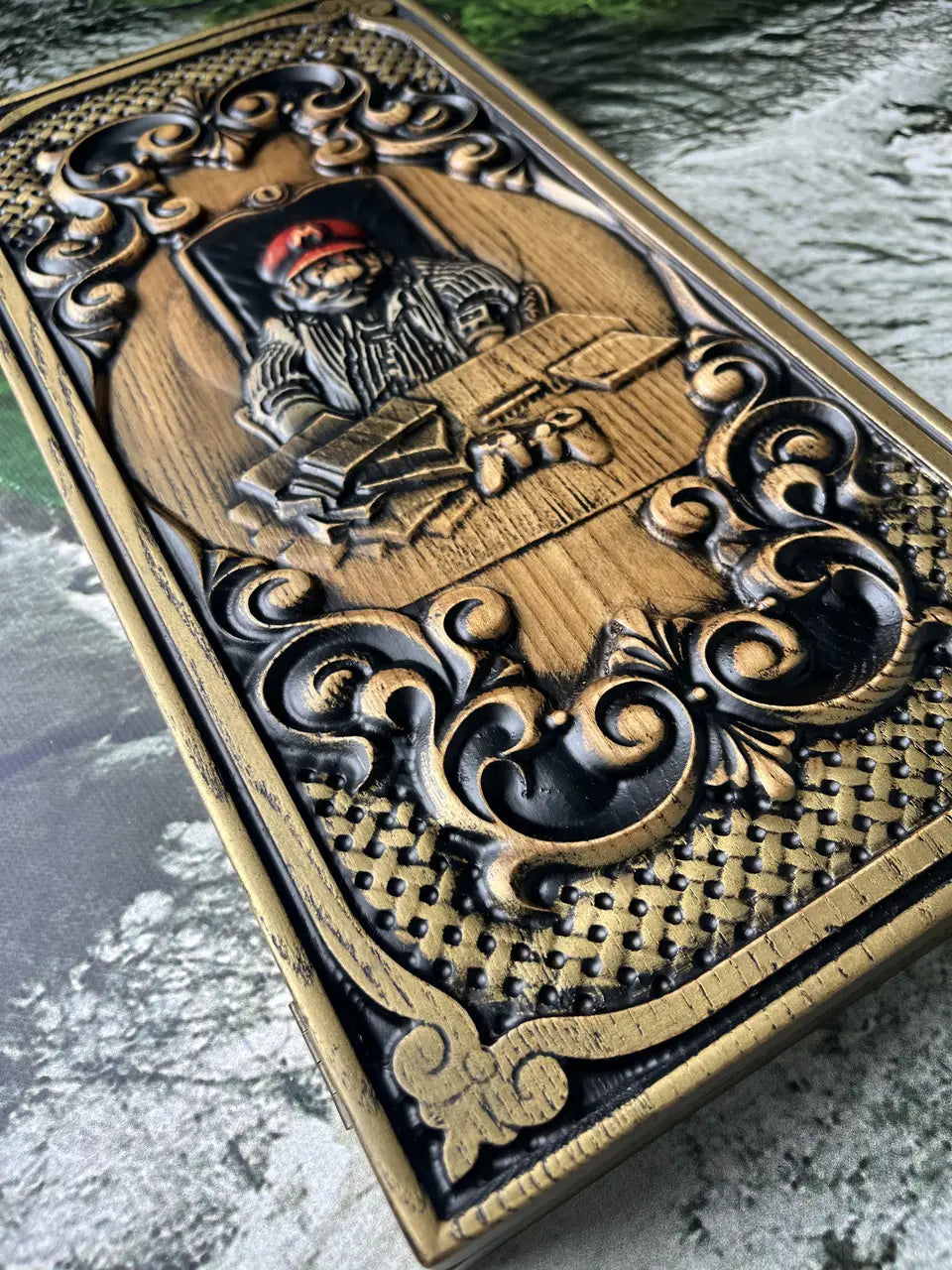 Handmade wooden Mario backgammon set with carved game-themed artwork