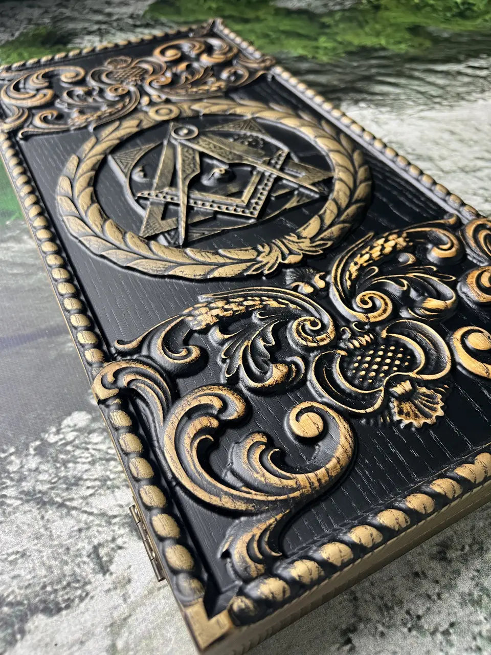 Handmade wooden backgammon set with carved Masonic design